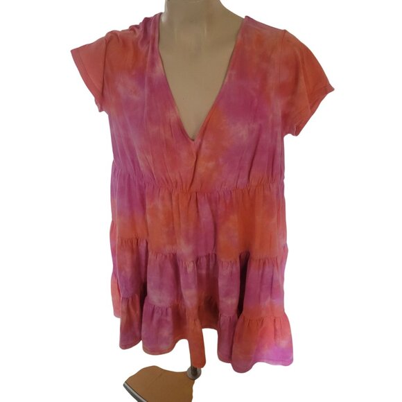 Wild Fable Pink & Orange Tie-Dye Tiered Short-Sleeve V-Neck Babydoll Dress XXL 1 - Picture 1 of 6